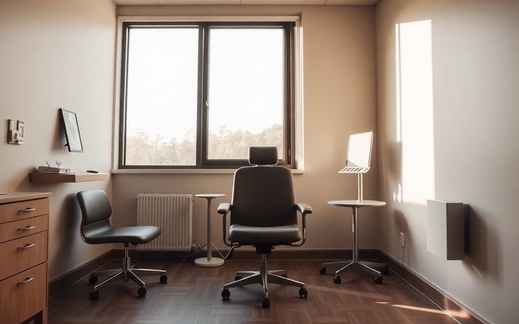 Tom mottagningsstol i en ljus klinikmiljö