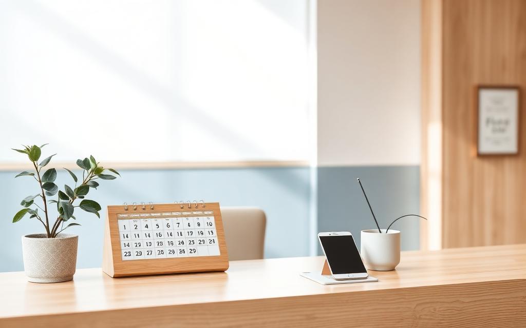 Skrivbord med kalender, telefon och växt i ljus klinikmiljö