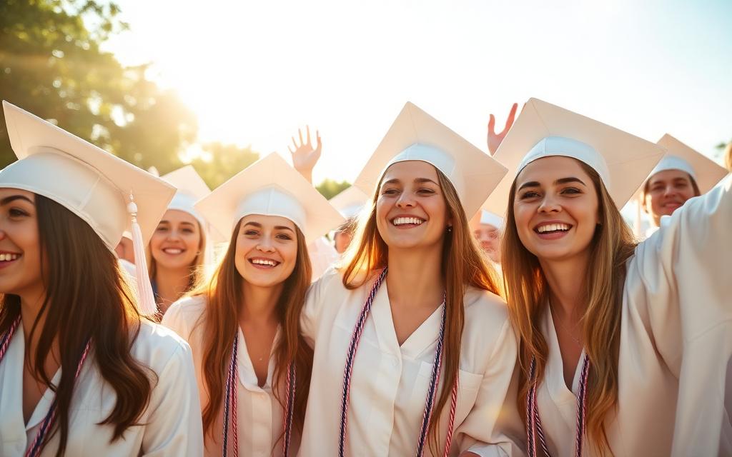 Glada studenter med vita studentmössor i sommarsol